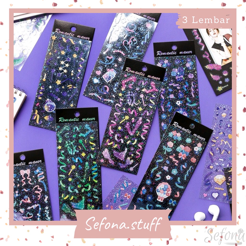 

3 Lembar Sticker Hologram Glitter Ribbon / Pita Transparan Romantic Manor PVC Stiker Sheets Pita Dekorasi Journal PC Photocard Anti Air DIY Scrapbook Aesthetic Lucu Unik