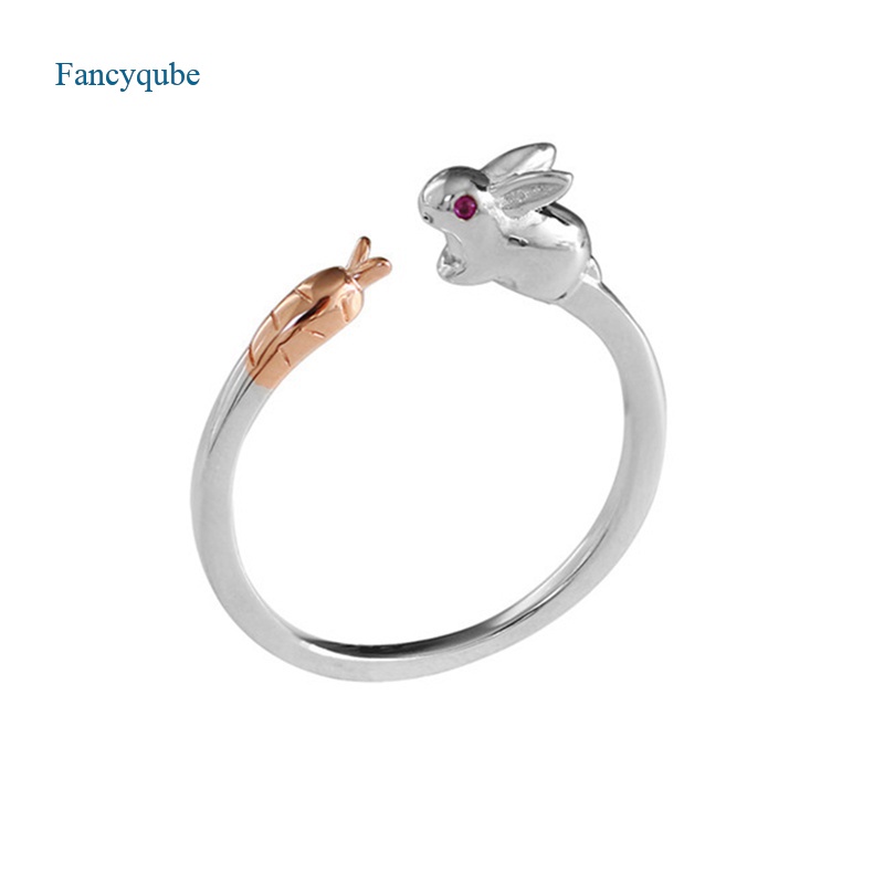 Fancyqube Perhiasan Cincin 925 Sterling Silver Model Terbuka Bentuk Hewan Kelinci Aksen Kristal