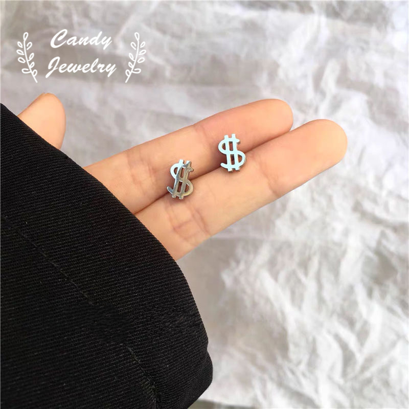 Anting Stud Desain Tanda Dollar Gaya Hip Hop Korea Untuk Pria Dan Wanita