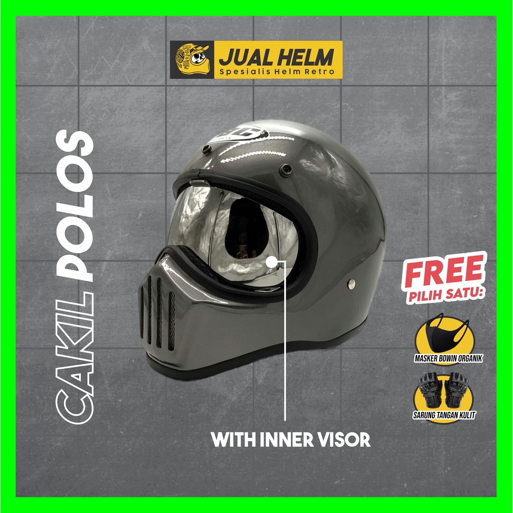 Helm Cakil HBC Polos Grey Glossy + Inner Visor ( Fullface / Retro / Klasik / Vespa )
