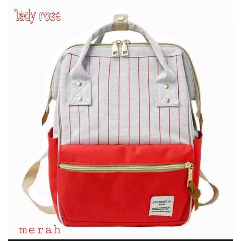 Tas Ransel Batam Wanita Cantik Annelo garis Tas Ransel Cewek Backpack Sekolah Remaja Wanita Perempuan Korea SMARansel sekolah motif-Merah