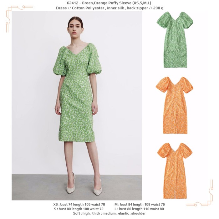 62412 - Green,Orange Puffy Sleeve (XS,S,M,L) - Dress wanita import - GREEN, XS