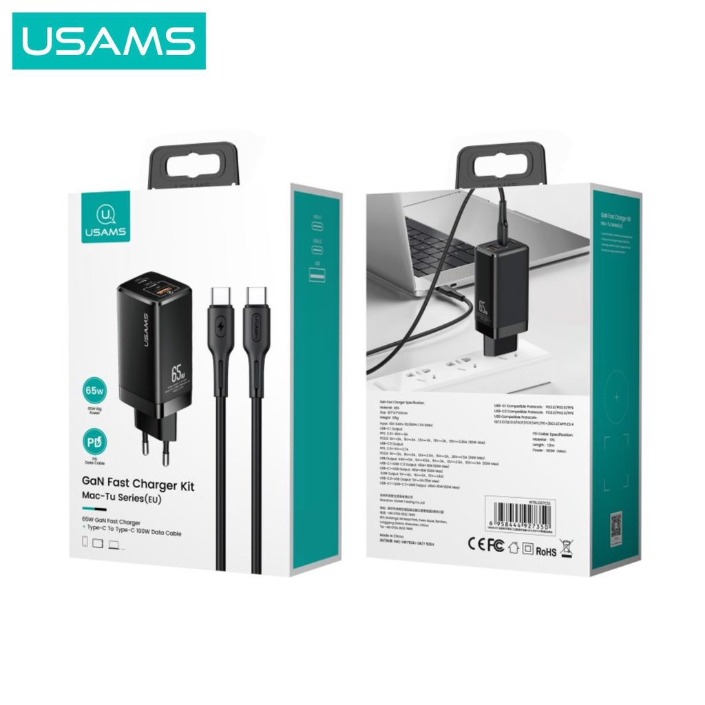 USAMS  Mac Tu Series Charger GaN 65W + Kabel Data PD Fast Charging