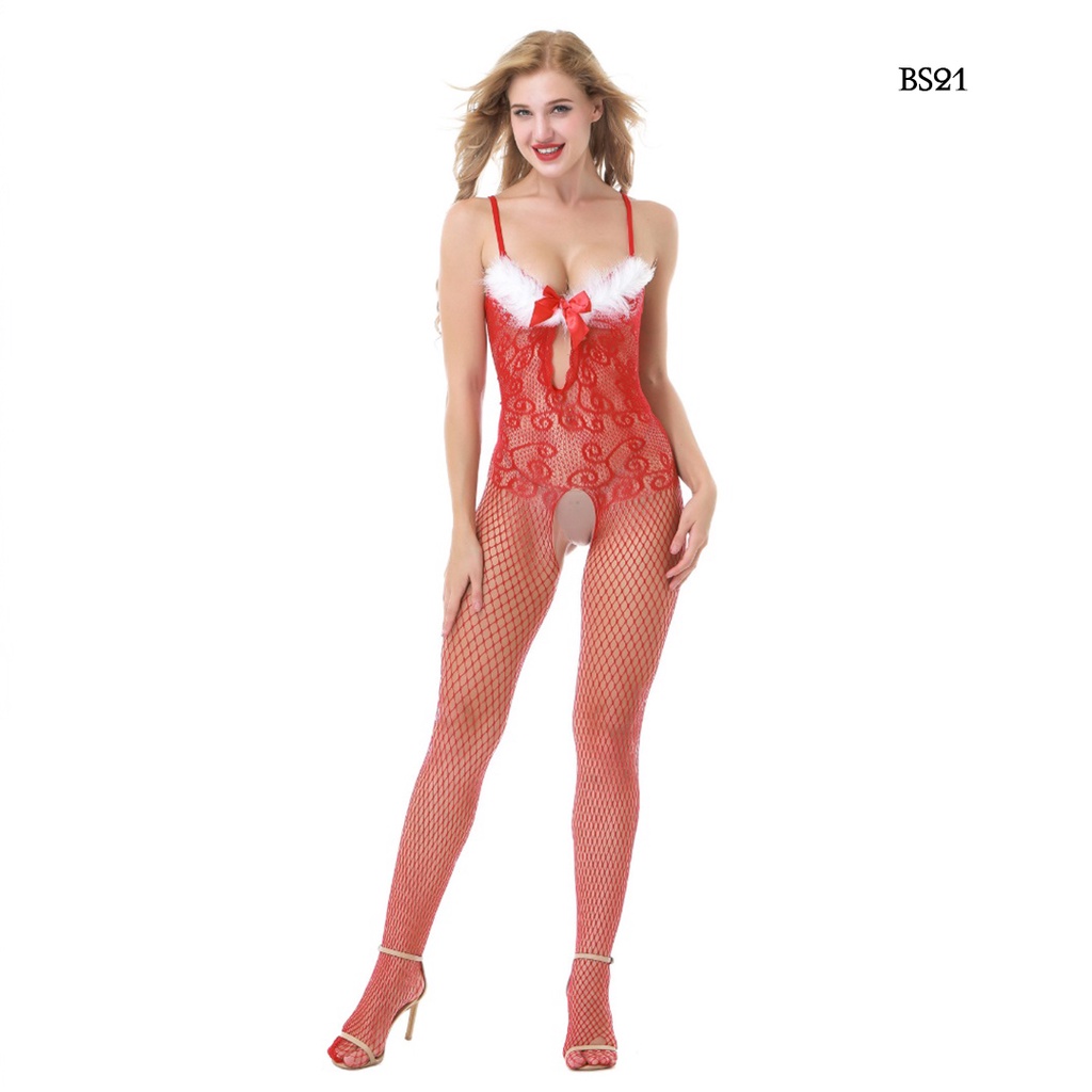 [ NEW ARRIVAL ] BODY STOCKING SEXY LINGERIE OPEN CROTCH MOTIF MERAH BS21