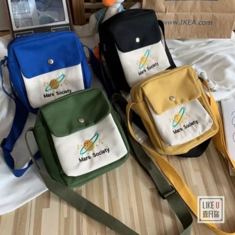 TAS SLING BAG WANITA MINI MARS SOCIETY / SLING BAG KANVAS / TAS SELEMPANG FOR DOMPET & HP / TAS BAHU