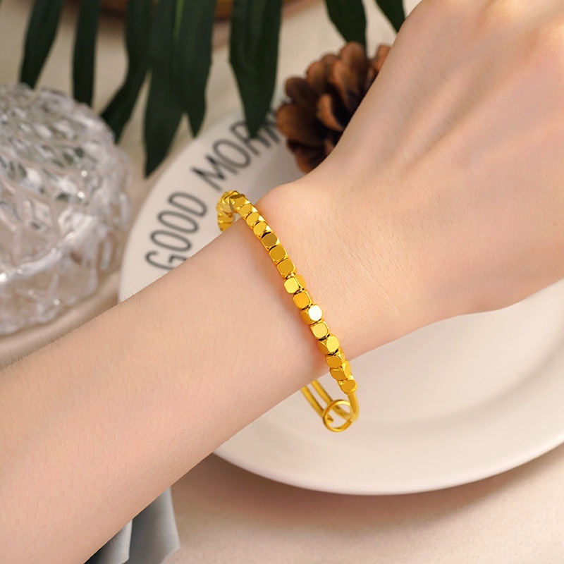 Goldkingdom Perhiasan Fashion 24K Bangkok Aksesoris Ready Stock Klasik Push Pull Gelang Manik-Manik Laser Beads Emas Asli Kadar 375 Kecil Nugget Gelang Minimalis Wanita