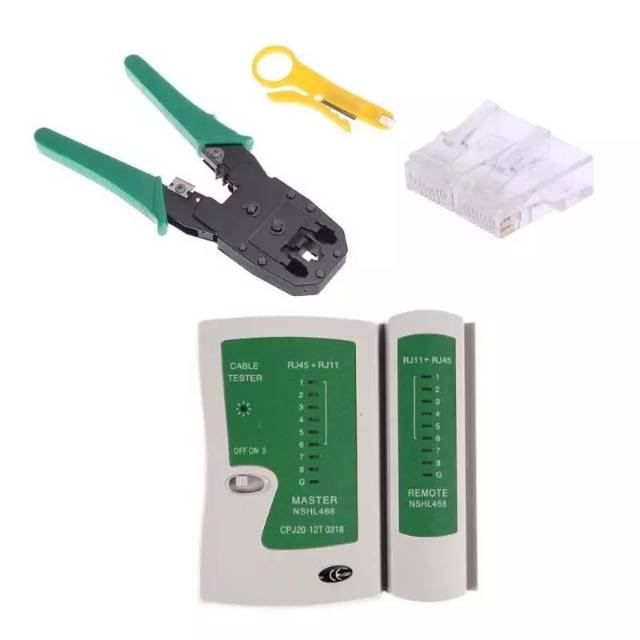 PAKET BUNDLING LAN TESTER + CRIMPING TOOL + KONEKTOR RJ45 100 PCS