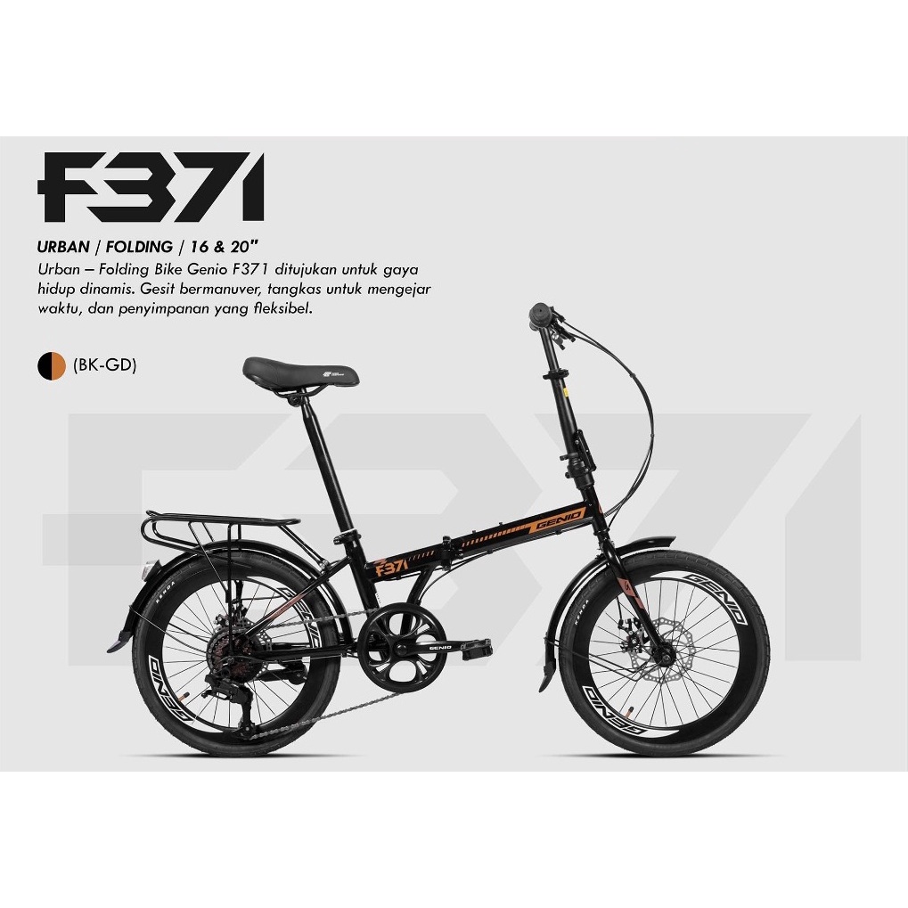 Sepeda Lipat Genio F371 F 371 mirip lunox Folding 16 Inch dan 20 Inch 7 speed SNI garansi resmi kirim seindonesia bisa cod cash kredit hitam biru kining silver abu grey blue black boncengan rem cakram-Black Gold
