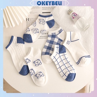 Image of •OKEY BELI•KK809 Kaos Kaki Wanita Pria Pendek Beruang Unisex Semata Kaki Ankle Motif Bear Kotak-Kotak Garis Biru Socks Korean