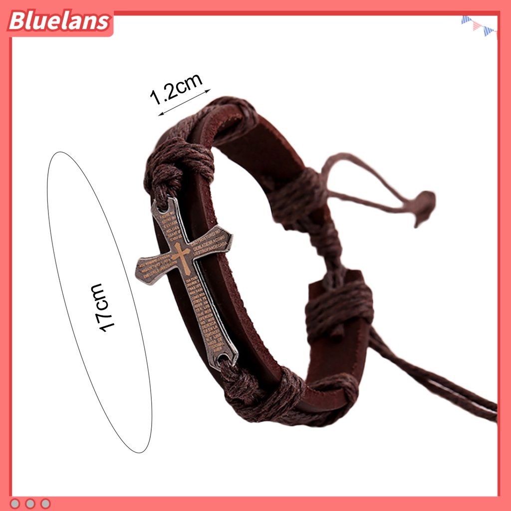 Bluelans Retro Punk Faux Leather Rope Alloy Cross Bible Scriptures Men Adjustable Bracelet