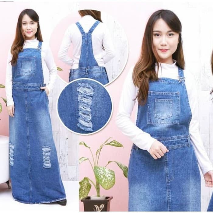 MR BAJU OVERALL JUMPSUIT ROK KODOK PANJANG WANITA BAHAN JEANS ROBEK RIP