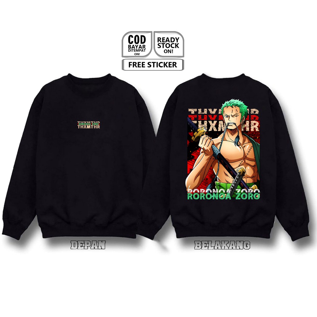 SWEATER CREWNECK RORONOA ZORO ONE PIECE PIRATE HUNTER BAJAK LAUT TOPI JERAMI PENDEKAR PEDANG LUFFY