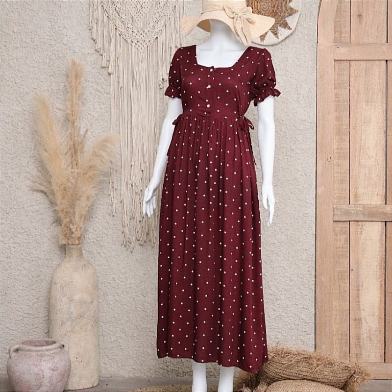 Cherry Dress Busui Panjang Wanita/ Home Dress Kasual Panjang dgn Kancing