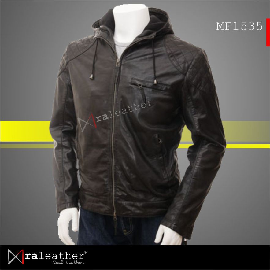 Jaket Kulit Pria Hoodie Pria RA Leather - MF1535 Bahan Kulit Asli Kualitas Terbaik