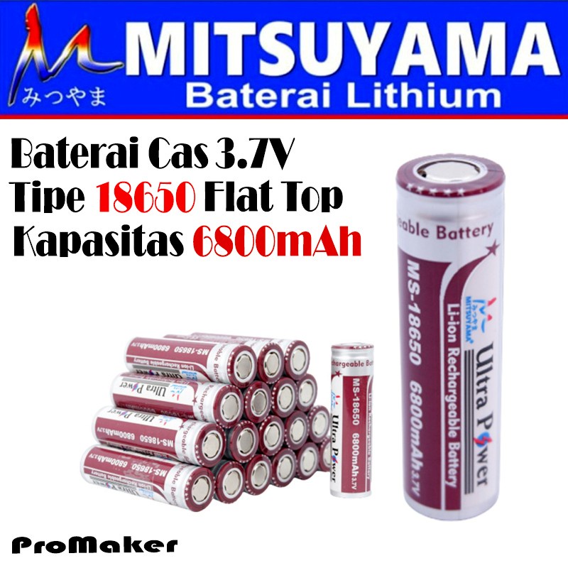 Mitsuyama Baterai Cas 18650 Kepala Rata Ultra Power 6800mAh 1 Pcs Flat Top Original