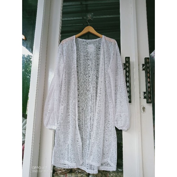 Kardigan brukat/promo long outer brukat/outer cardy wanita-Putih