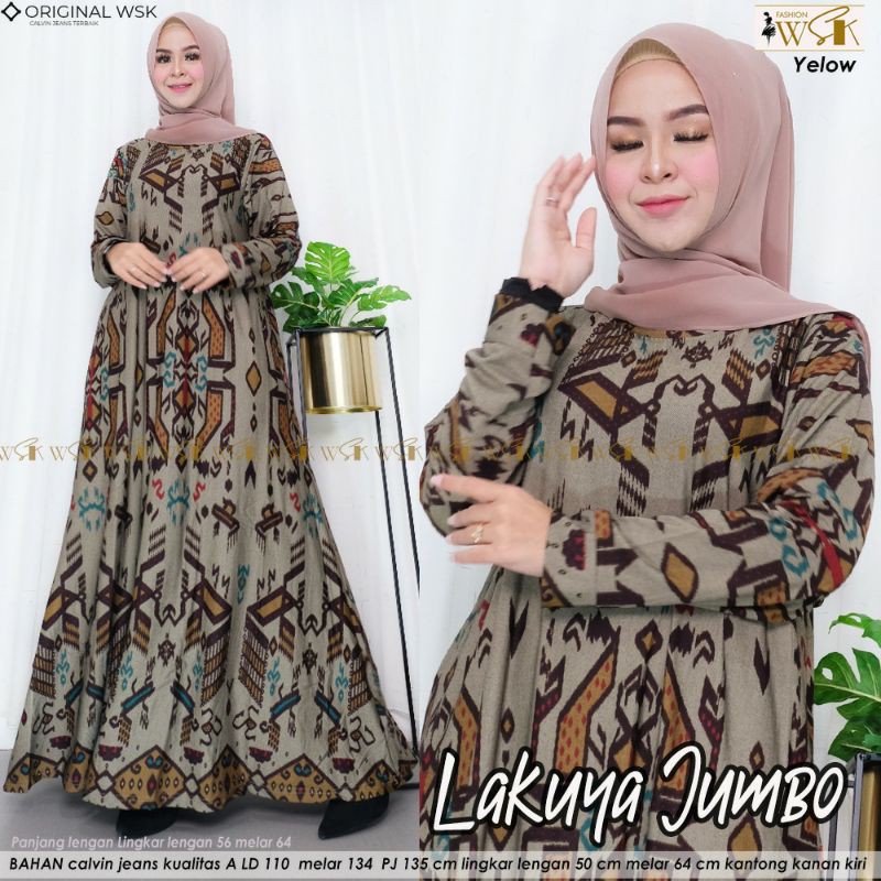 Gamis batik calvin jeans jumbo lakuya jumbo dress LD 110 Bahan calvin jeans premium