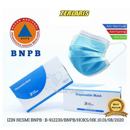 masker 3 ply disposable (50pcs) | MASKER 3 PLAY EARLOP IJIN BNPB