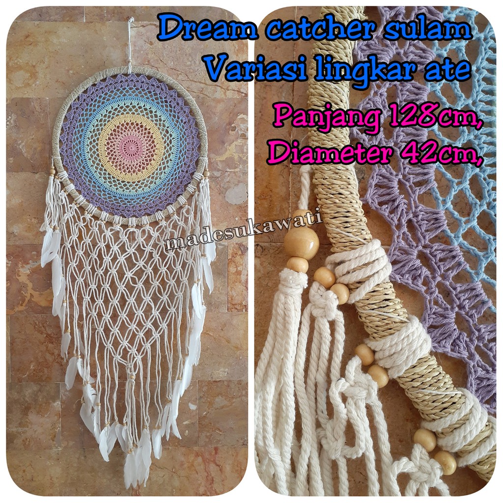 Dream catcher sulam jaring pelangi diameter 42cm panjang 128cm dekorasi hiasan rumah bulu ayam