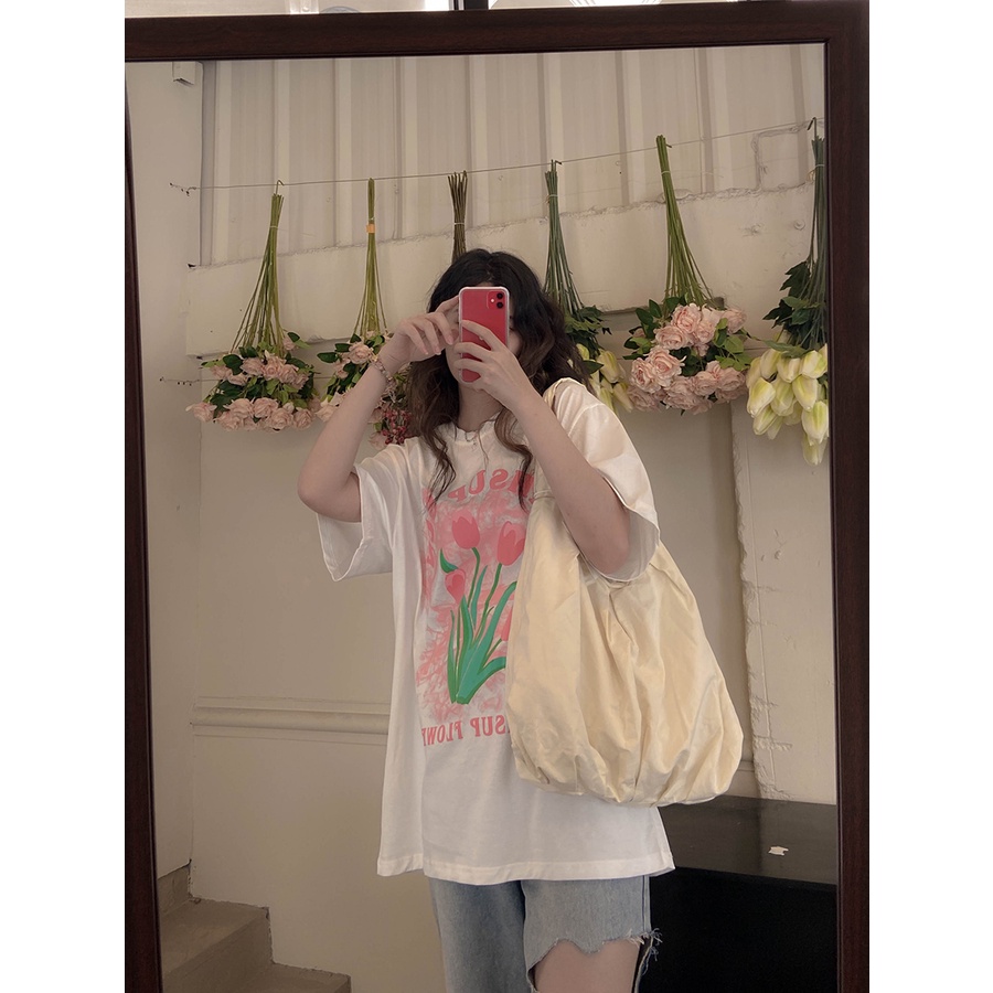 EUNII T-shirt Lengan Pendek Kartun Bunga-Bunga Pencetakan Longgar Korean Style/Kaos Atasan Wanita/Baju Kaus Oversize Wanita