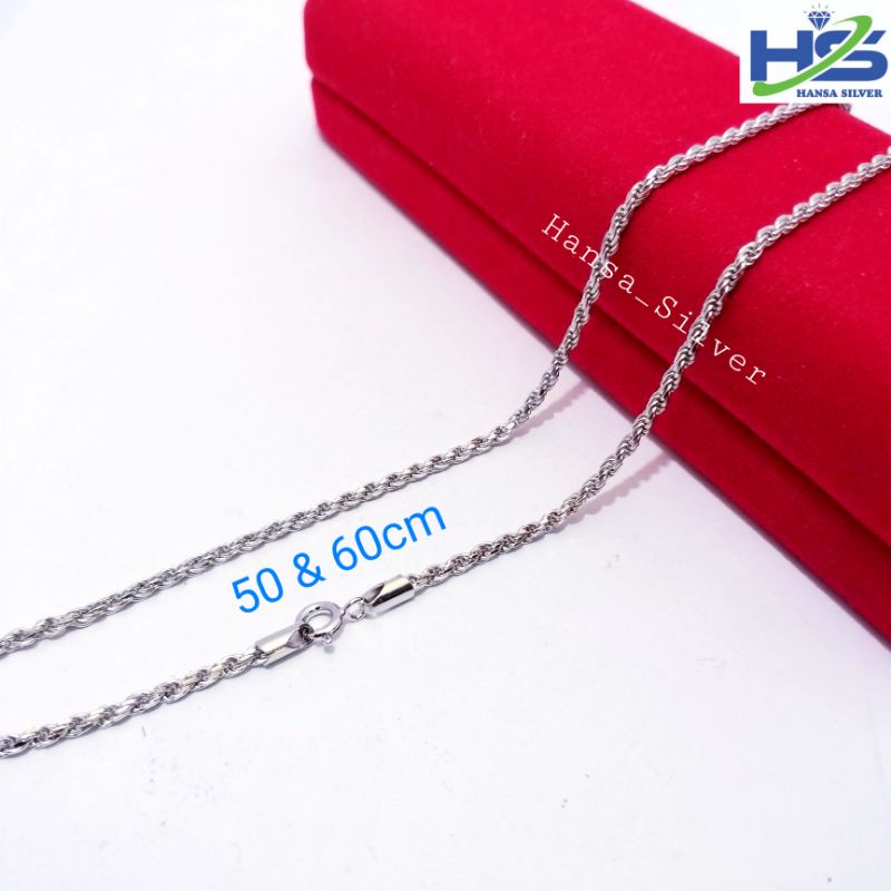 Kalung Perak Pria Wanita Silver Asli 925 Lapis Emas Putih Model Tambang 50 Dan 60 Cm - Kalung Pria Wanita Anti Karat