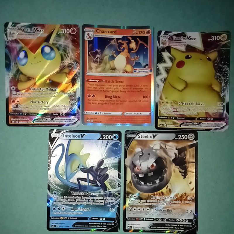 paket kartu pokemon Pikachu vmax,victini vmax,charizard promo Indomaret,steelix v,dan inteleon v