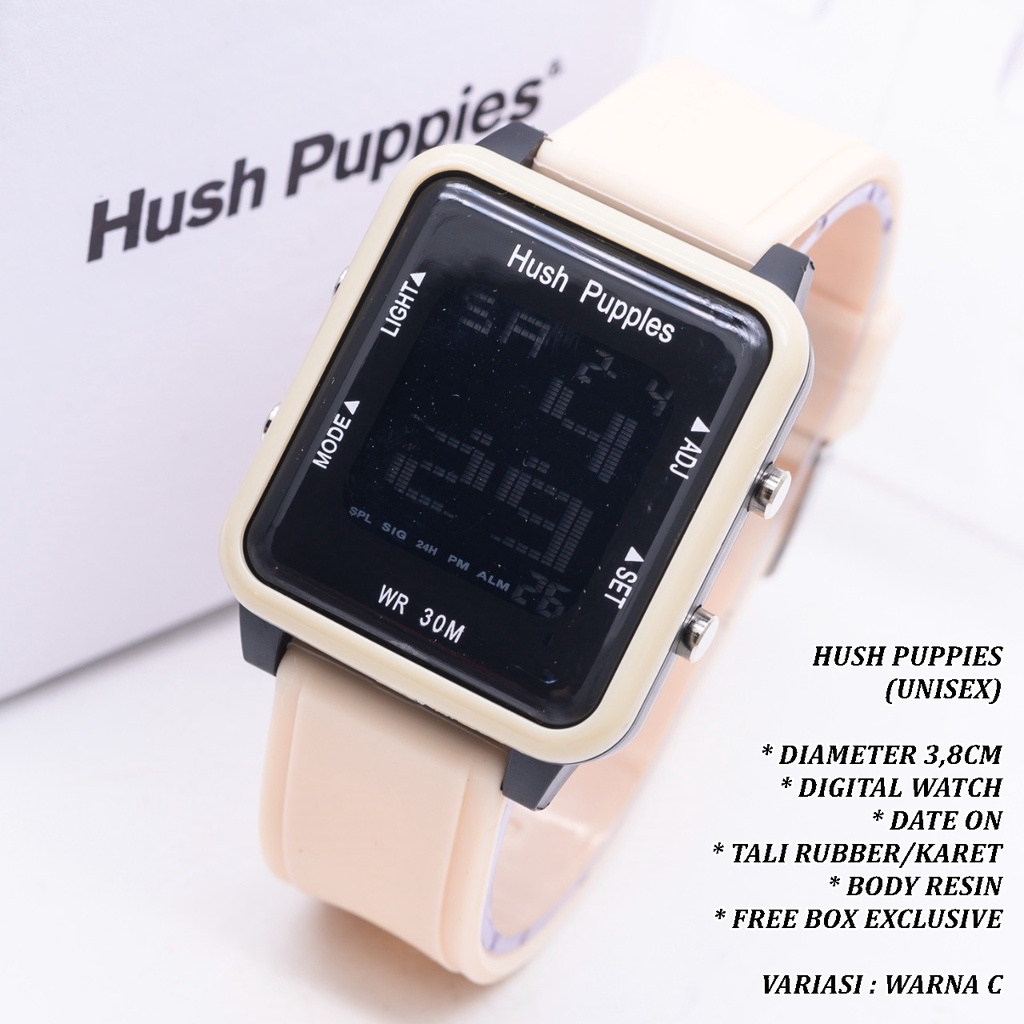 (FREE BOX) JAM TANGAN UNISEX HUSH PUPPIES TALI RUBBER BODY SEGI TANGGAL AKTIF