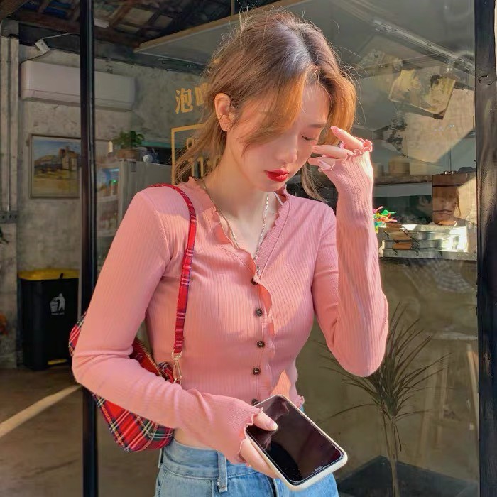 Korean Knit Cardigan Rajut Wanita C283-Pink