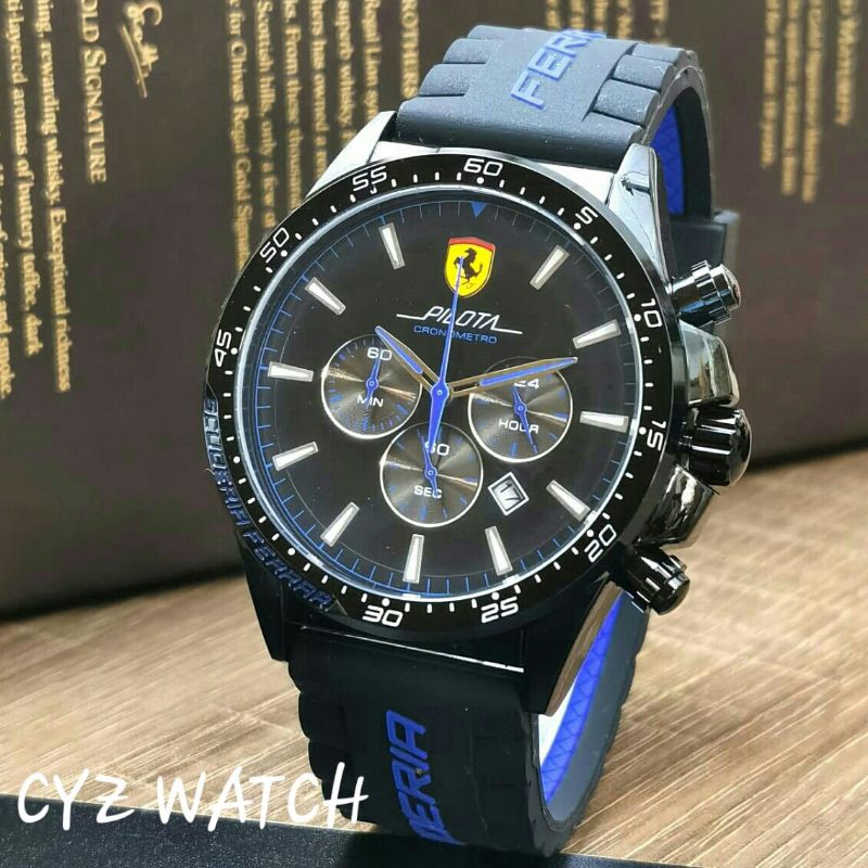 Jam Tangan Pria Elegan Exclusive FERRARI PILOTA MONSTER RUBBER Premium Watch Black Blue