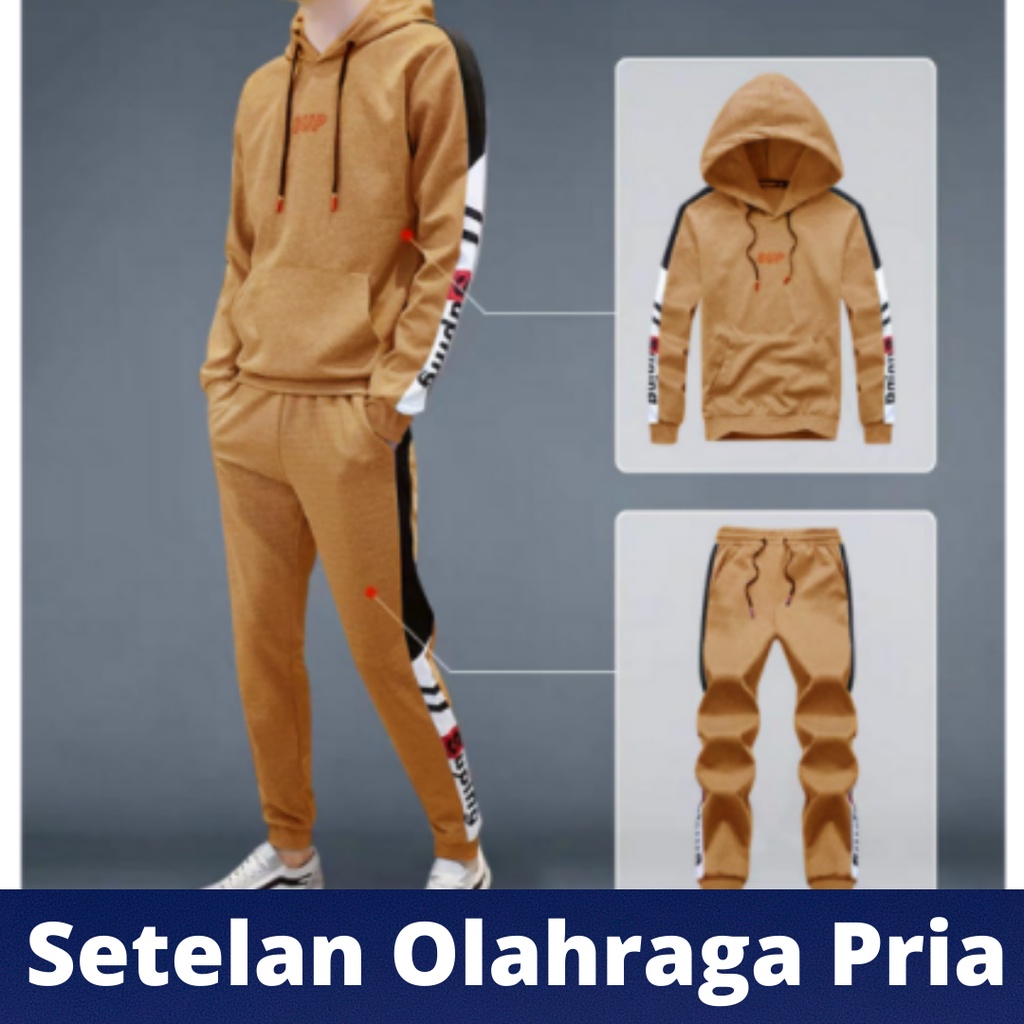 NEW Setelan baju olahraga pria dewasa set lengan panjang hoodie + celana training lari santai joggin