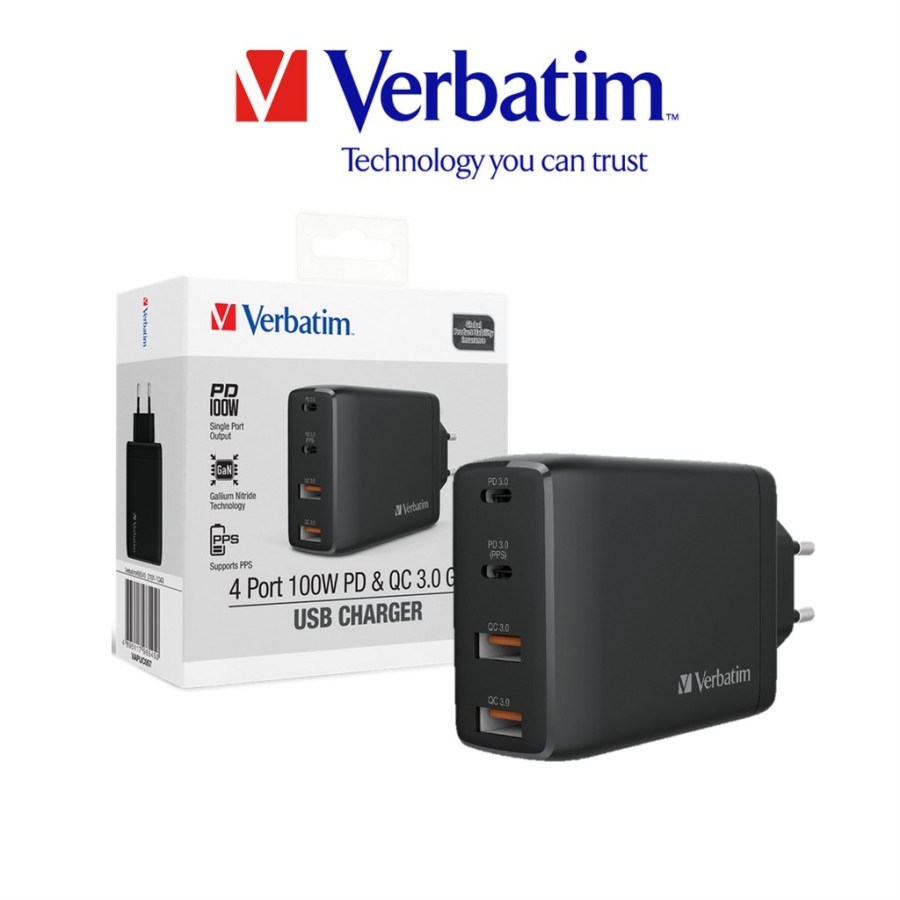 USB Charger Verbatim 4-port 100W with PD 3.0 &amp; QC 3.0 GaN