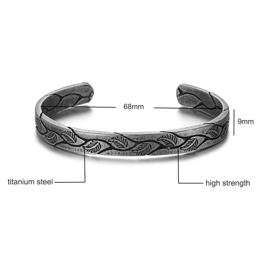 Gelang Model Terbuka Bahan Titanium Stainless Steel Desain Daun Warna Silver Gaya Antikretropunkviking Untuk Pria