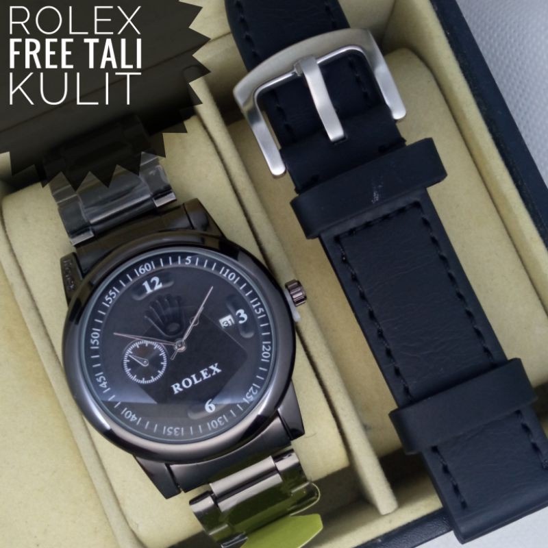 (COD) Jam Tangan Pria Rolex Premium Tanggal Aktif Tali Rantai Free Kulit, Box Original & Baterai - J