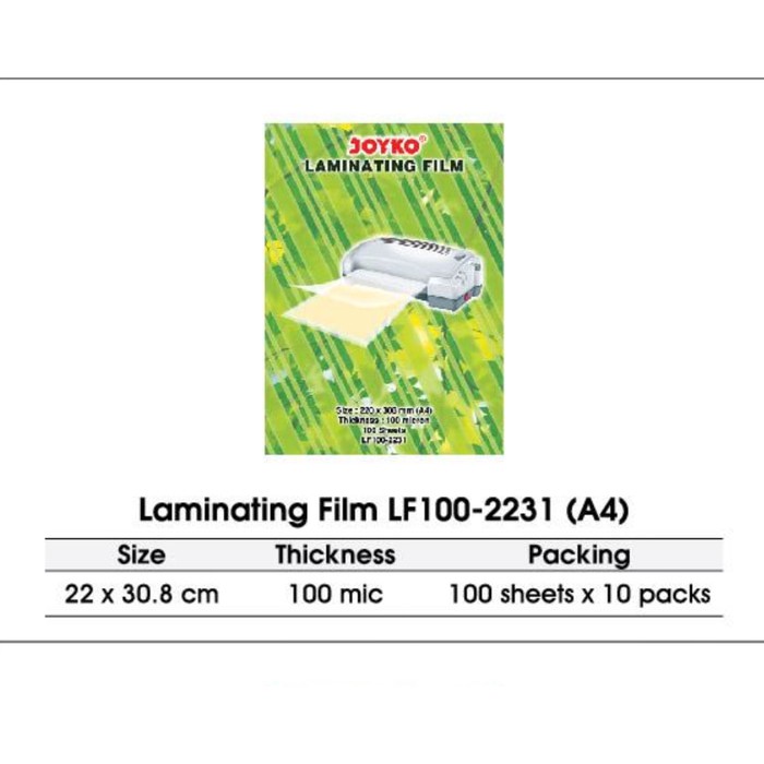 

PLASTIK LAMINATING FILM A4 JOYKO LF100 2231 100S PIAGAM SERTIFIKAT