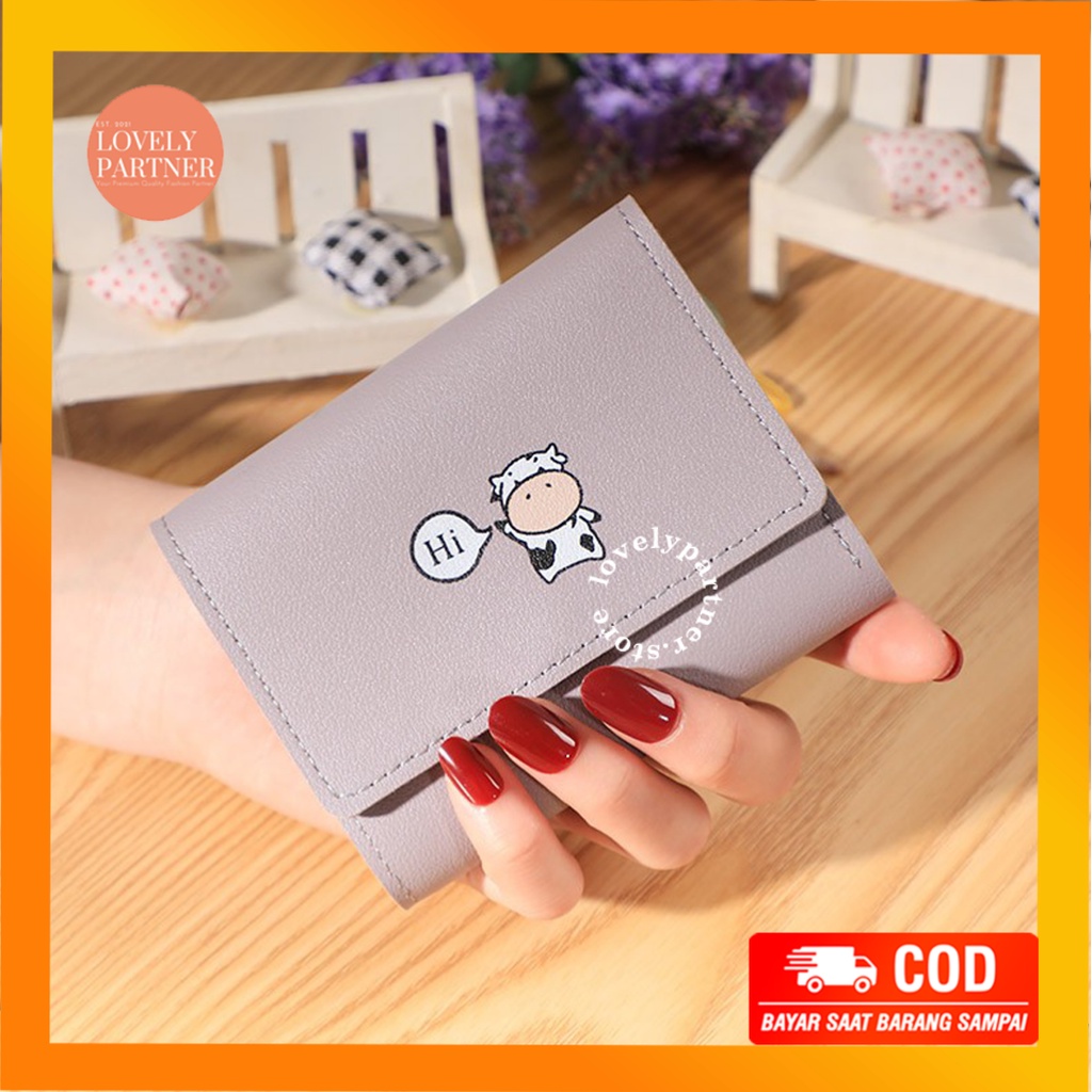 W12 Dompet Wanita Mini Perempuan Cewek Motif Sapi Lucu Kantong Koin Kartu Uang Foto Cantik Women Wallet Kulit PU Leather Hitam Lipat Kecil Panjang  Sapi Korea Pria Cowok Laki Laki Cowo Import Premium Murah Tas Dompet Wanita Import Cewe Cantik Lipat