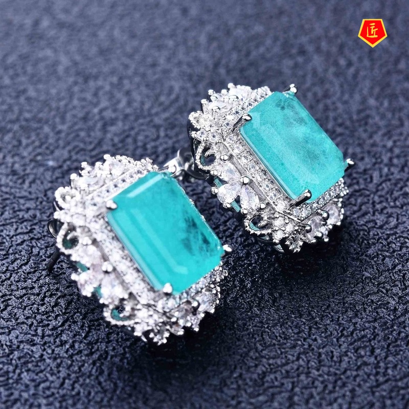 [Ready Stock]Natural Paraiba Necklace Colored Gems Earings Set