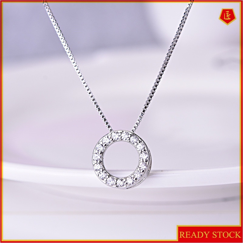 [Ready Stock]Fashion Silver Plated Necklace Simple Temperament and Fully-Jewelled Circle Pendant