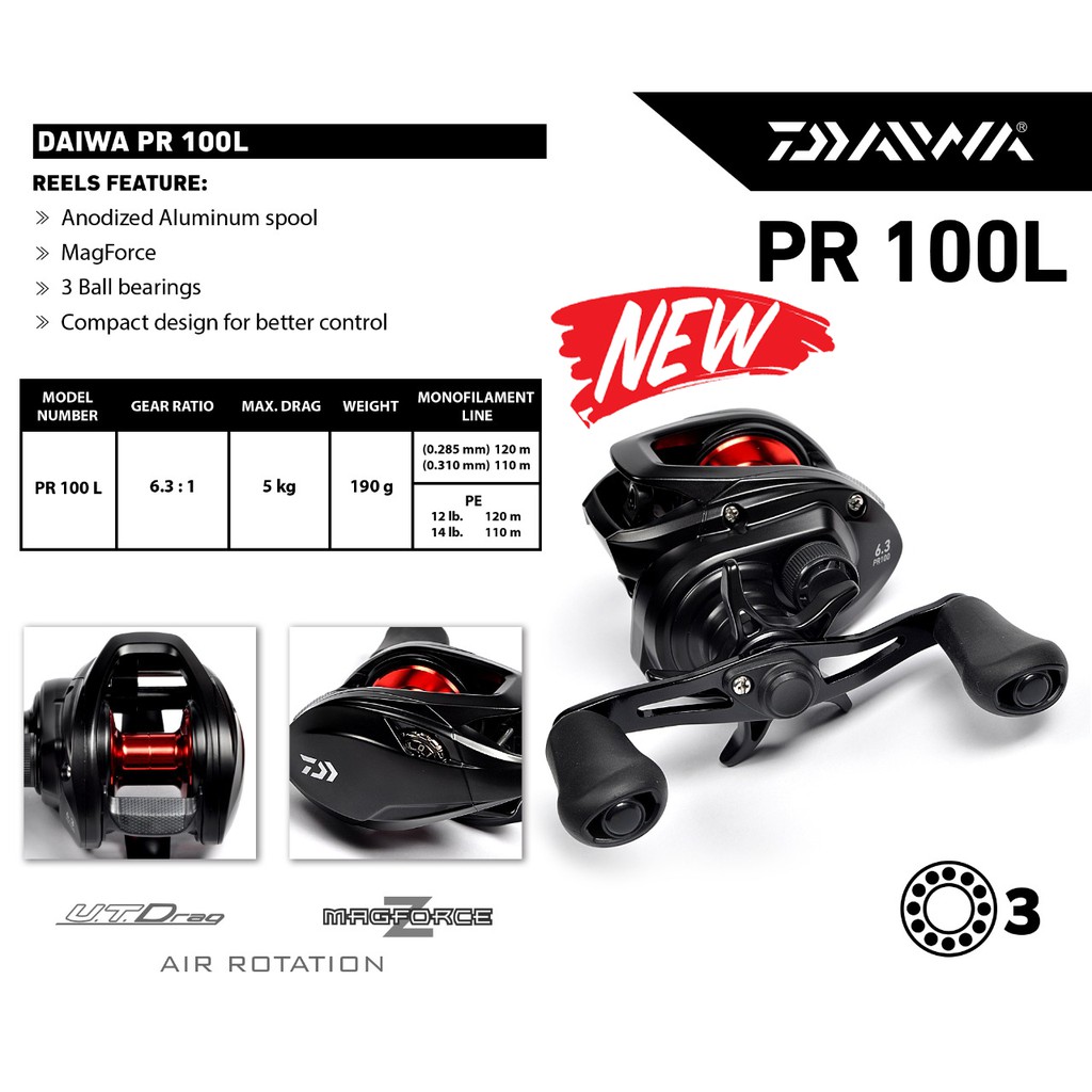 Reel BC Daiwa PR 100L 3 Bearing 5 Kg Ratio 6.3:1 Handle Kiri Bait Casting Ril Pancing Original