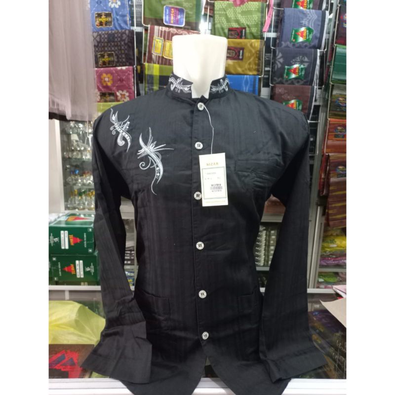 Baju Koko pria muslim takwa nizar katun bordir hitam lengan panjang