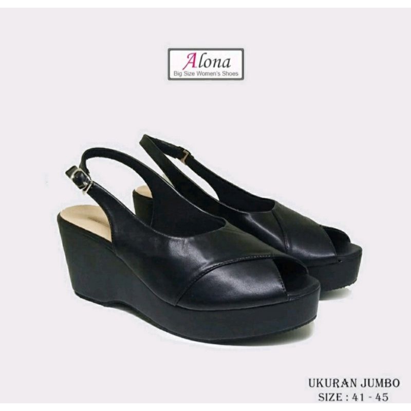 Sepatu Wedges Tali Wanita Dewasa Big Size 41-45 Slop Hak Tinggi Jumbo Ukuran Besar Hitam,41