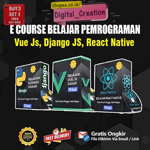 Paket Fullstack Belajar 6 Pemograman Framework React Js, Native, Vue JS, Node JS, Django Python, Laravel