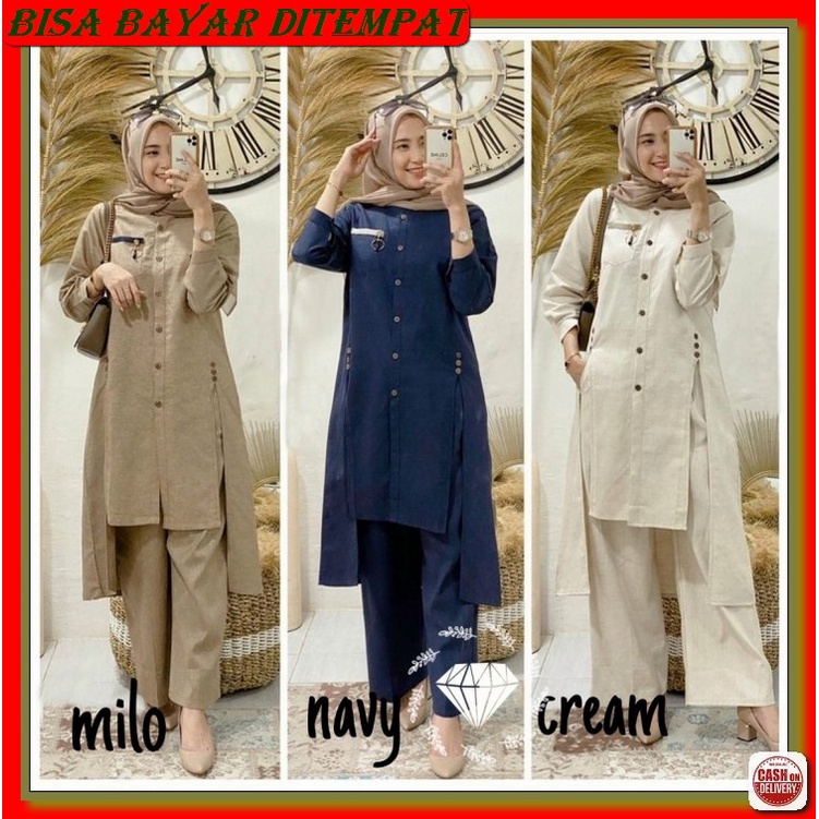 Setelan Kerja Stevia Set By Anty'S Kemeja Kantor Katun Garis Busu AH744  Natania Baju Celana + Tuni