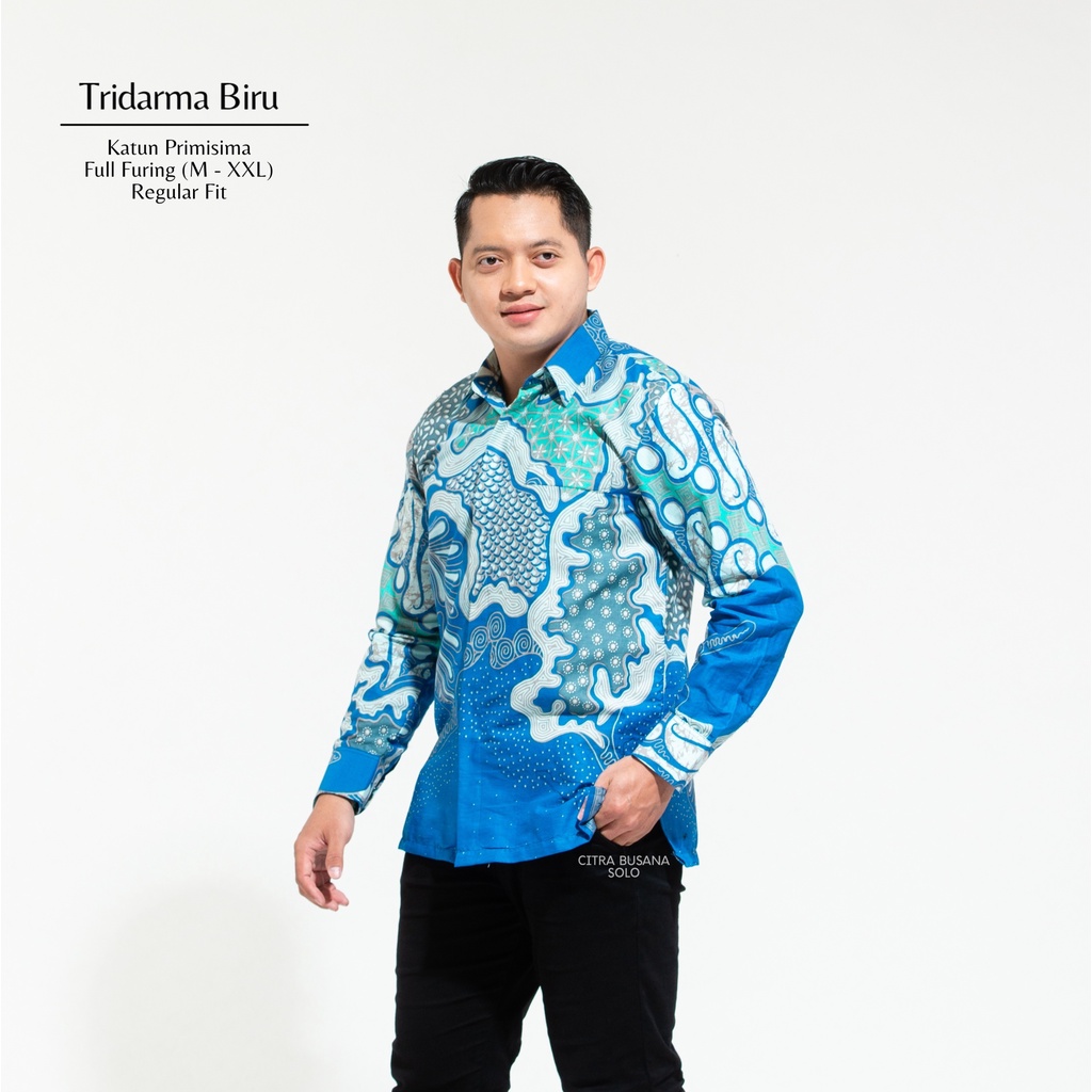 TRIDARMA BIRU Kemeja Batik Pria Full Furing Bahan Katun Primisima