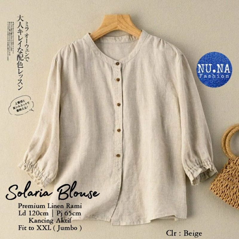 Solaria Bahan Linen Premiun Kerah Sanghai Kemeja Blouse Wanita Oversize LD 120