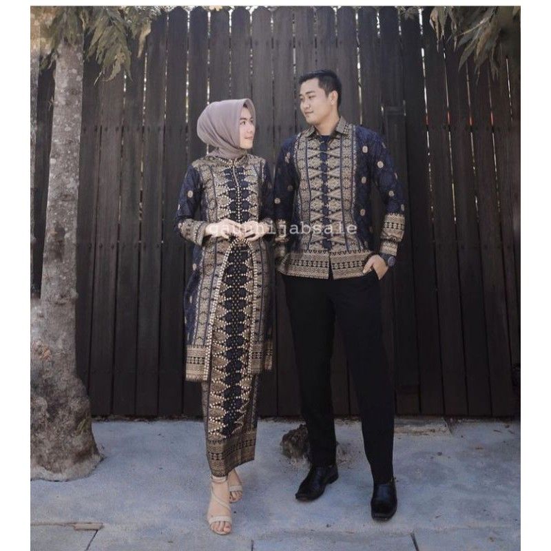 COUPLE SETELAN BATIK SONGKET PALEMBANG DASAR HITAM  BUNGA ABU