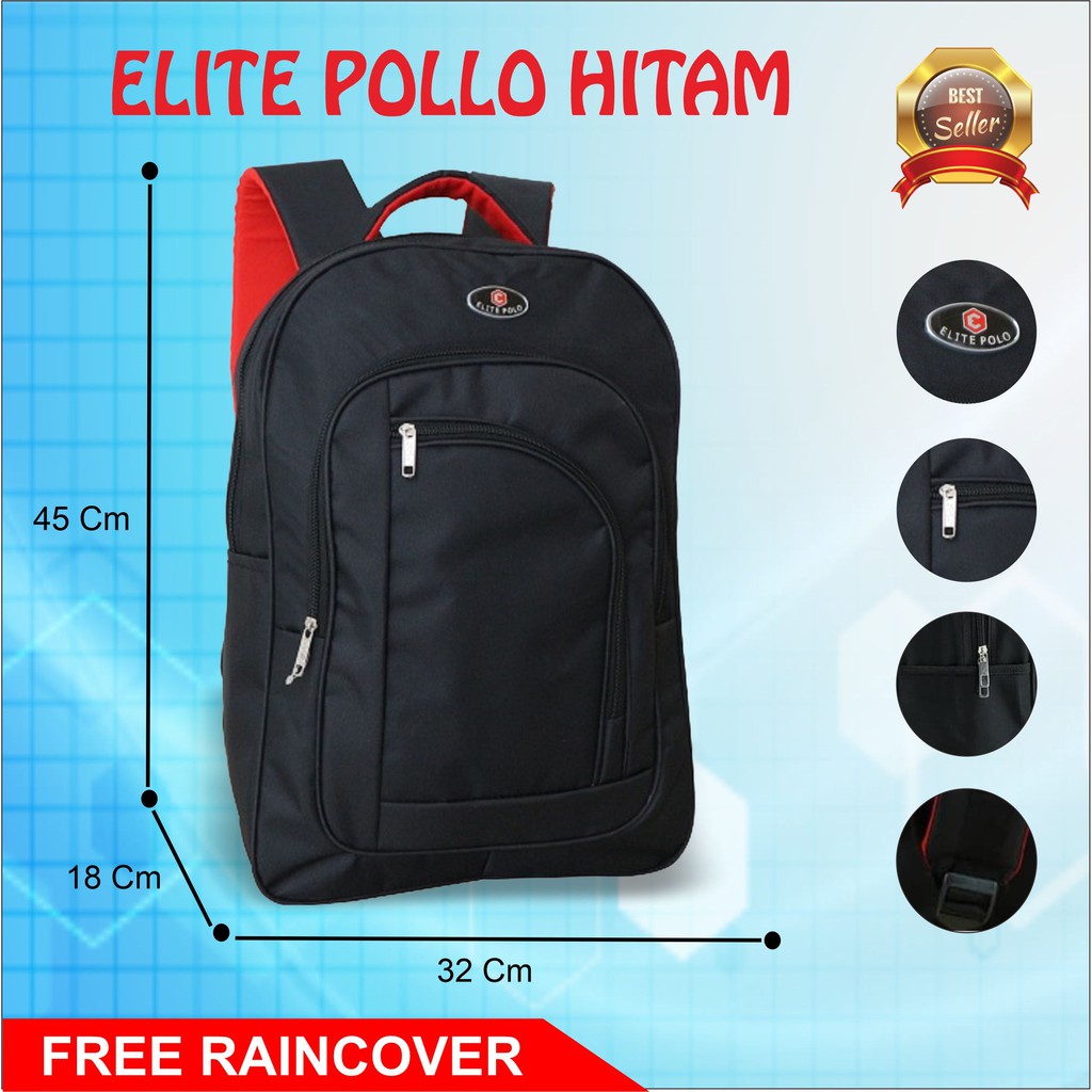 Ransel ELITE POLO Hitam Tas Sekolah SMP SMA Kuliah Kerja Murah Backpack Laptop In FREE Raincover