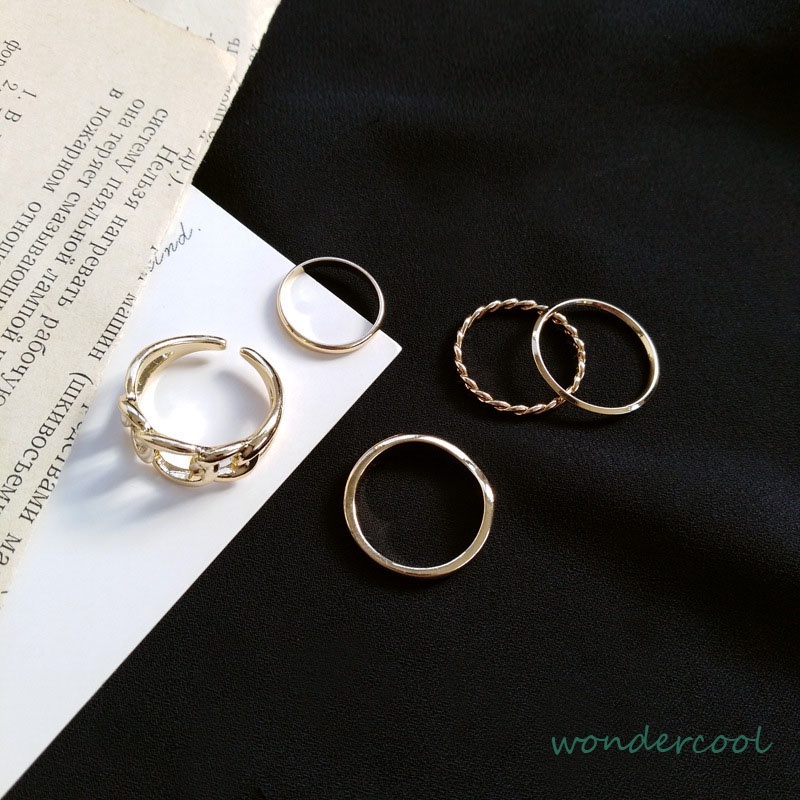 5pcs / Set Fashion Cincin Wanita Model Terbuka Geometri Warna Silver / Gold Gaya Vintage-Won