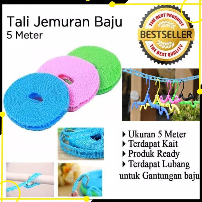 INFY - Meter Tali Gantungan Jemuran Tali Jemuran Baju Portable dengan Kait Warna WarnI R004