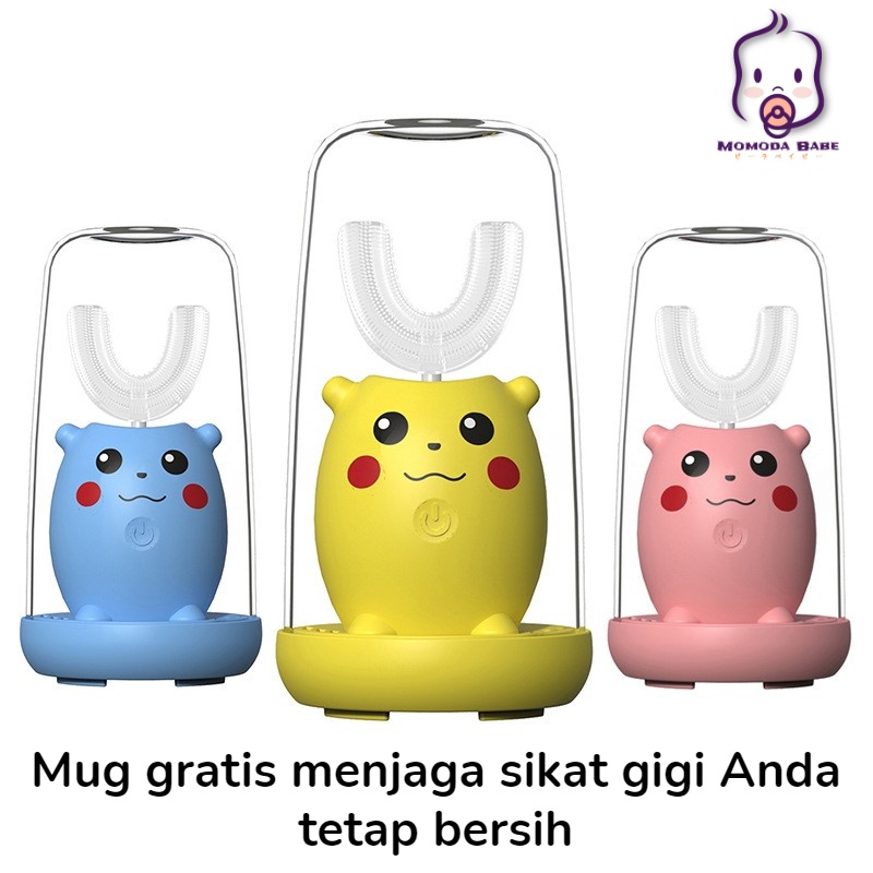 MOMO Sikat Gigi Elektrik Anak Pikachu Lucu LED UV-Lampu Antibakteri Anit Air  Baterai Isi Ulang Gratis Piala Obat Kumur