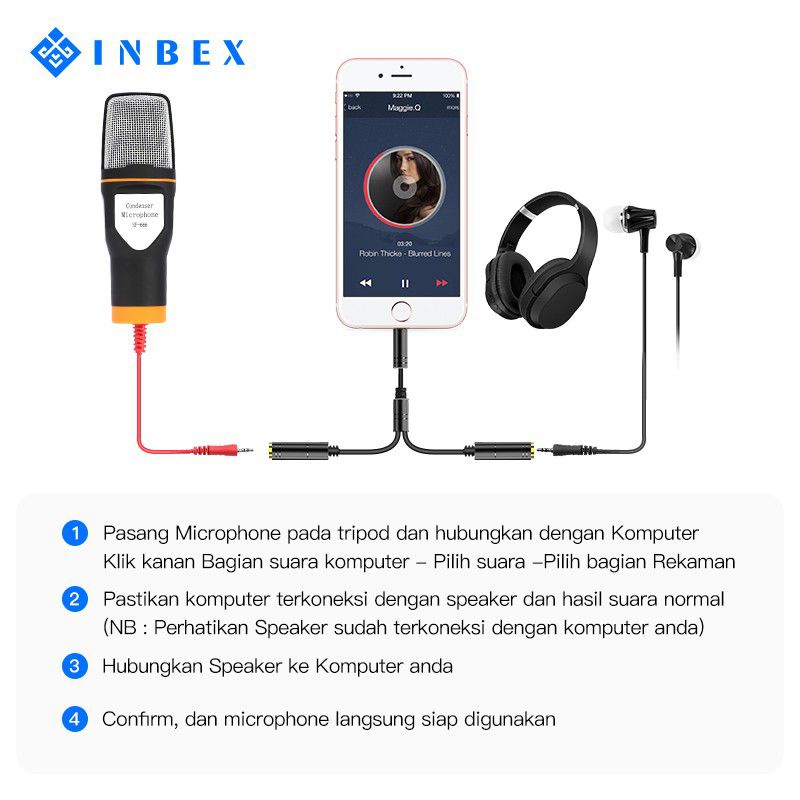 INBEX SF-666 Kondenser Mikrofon dengan Tripod+Mic Cover Untuk komputer Hp Karaoke Fleco